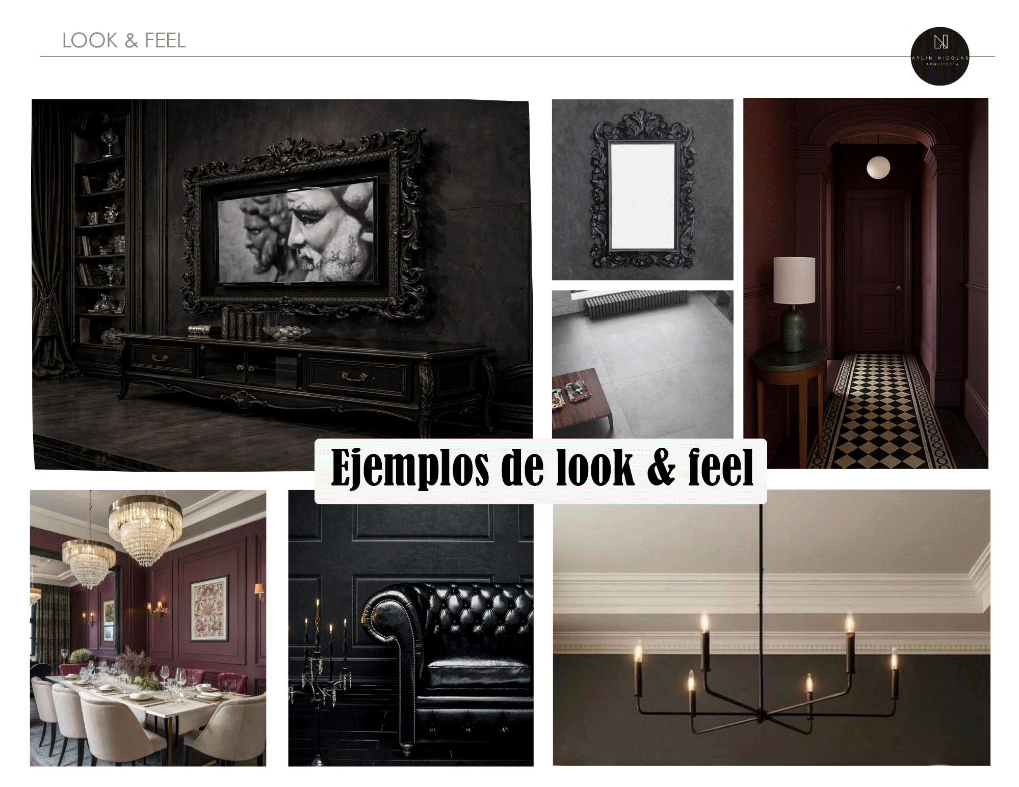Ejemplo de propuesta de look & feel: moodboard con paleta de colores, materiales, iluminación e inspiración de interiores